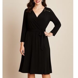 Lane Bryant Black Wrap Dress Gold‎ Zipper Detail 14/16 Long Sleeve Cocktail
